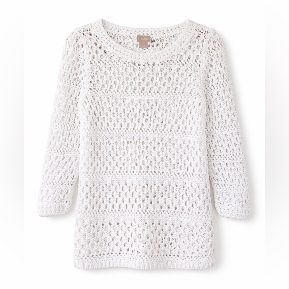 Chico’s White Crochet Knit Top | Open Weave Pullover Sweater | 3/4 Sleeve